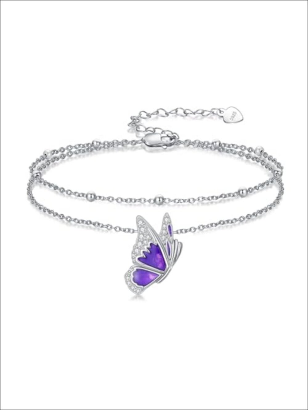 925 Sterling Silver Lab Grown Diamond Double Layer Butterfly Anklet